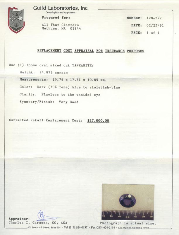 Certed 24.97ct Oval Tanzanite